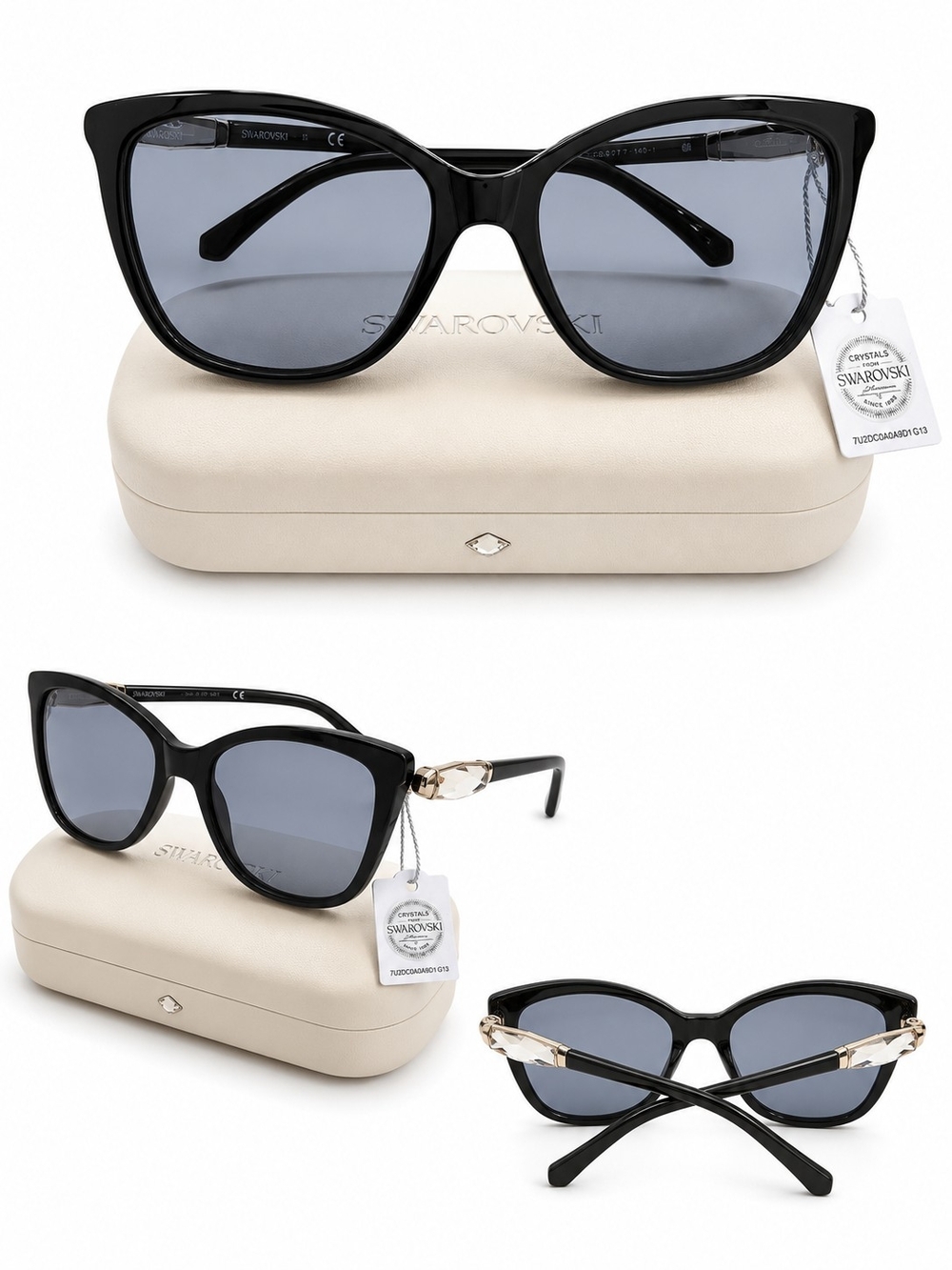 Swarovski Black Cat-Eye Sunglasses with Gray Lenses and Crystal-Accented Temples